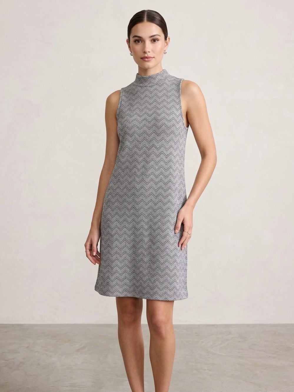 Free People Chevron Mock Neck Shift Dress Gray Black Sleeveless Mini Size L